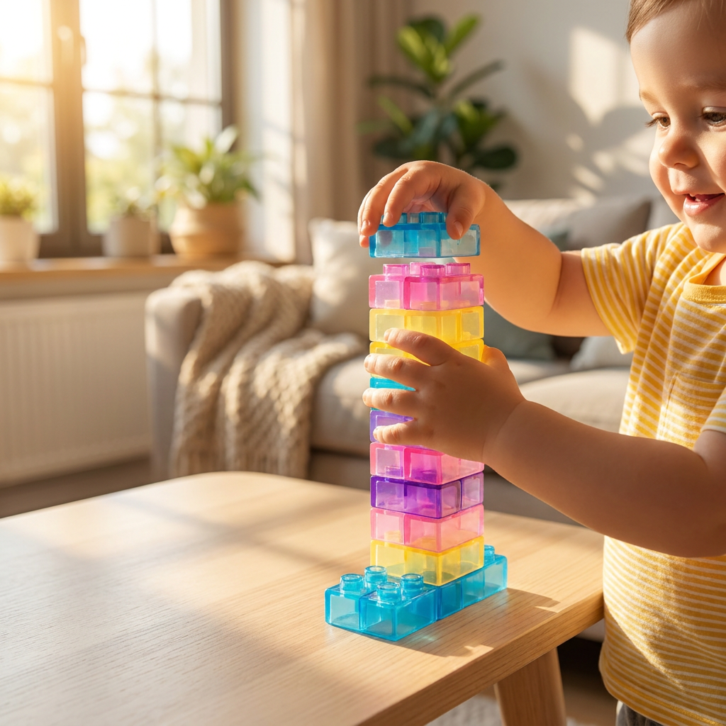 Niño jugando y apilando legos Montessori JellyBlox en casa