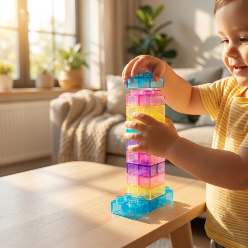 Niño jugando y apilando legos Montessori JellyBlox en casa